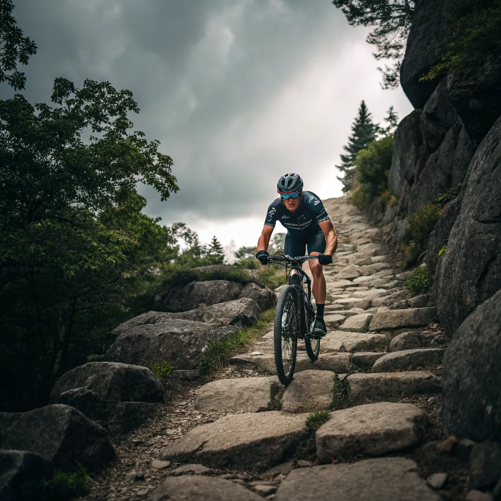 John cycling up a rocky mountain path